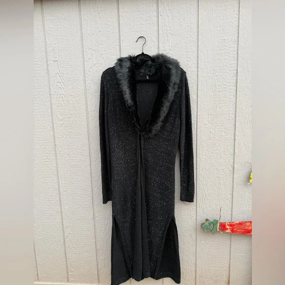 White House Black Market Black Fur-Trimmed Cardigan - Picture 1 of 3